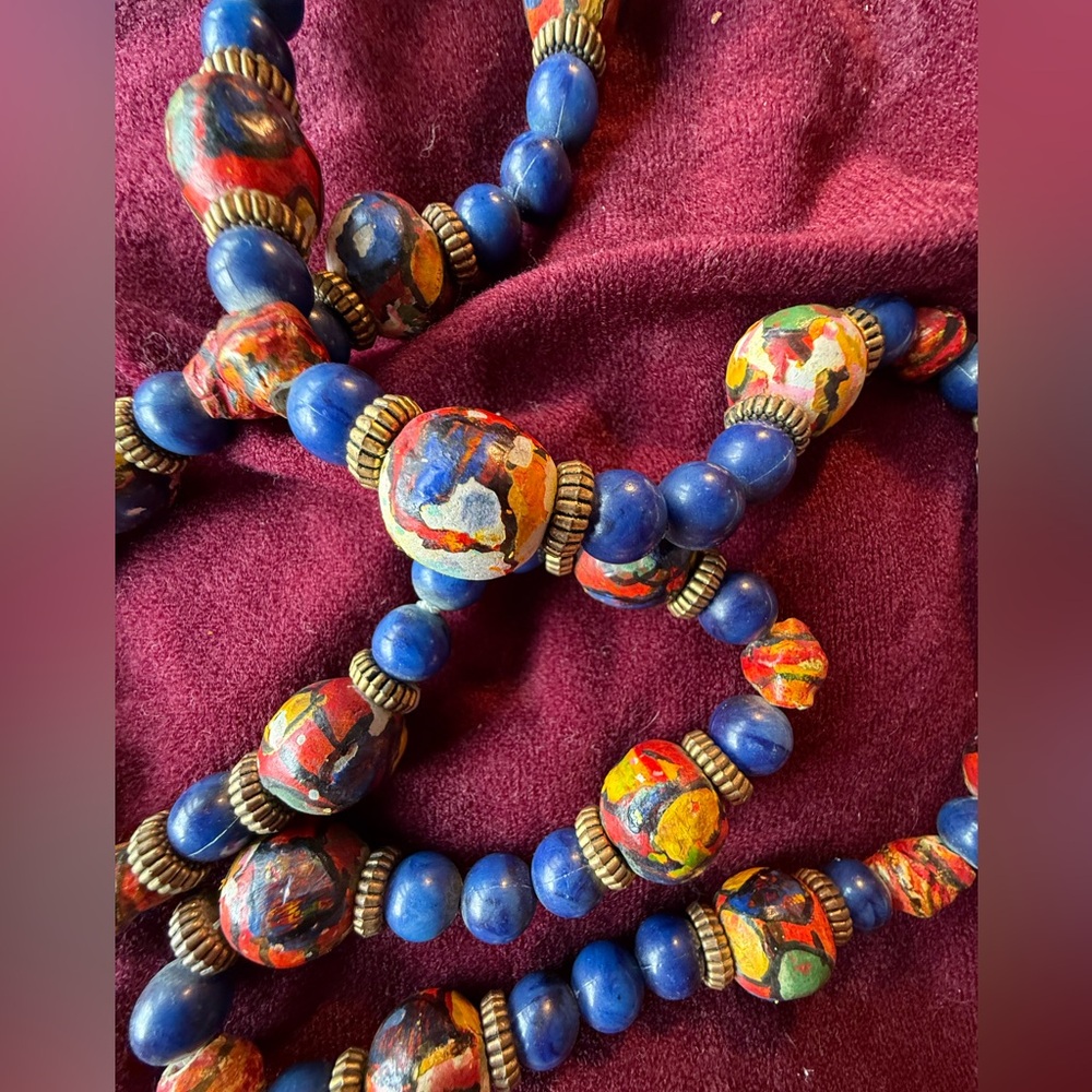 Vintage Blue Beaded Necklace with Large Wooden Painted Beads